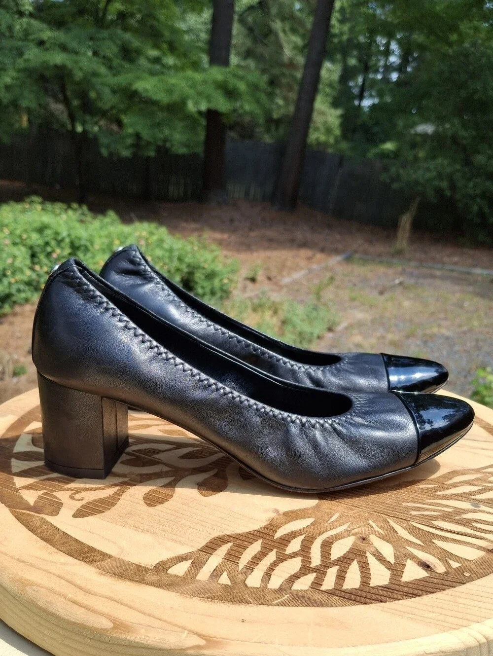 AGL Attilio Giusti Leombruni Classic Black Leather Cap Toe Block Heel Pumps 7.5